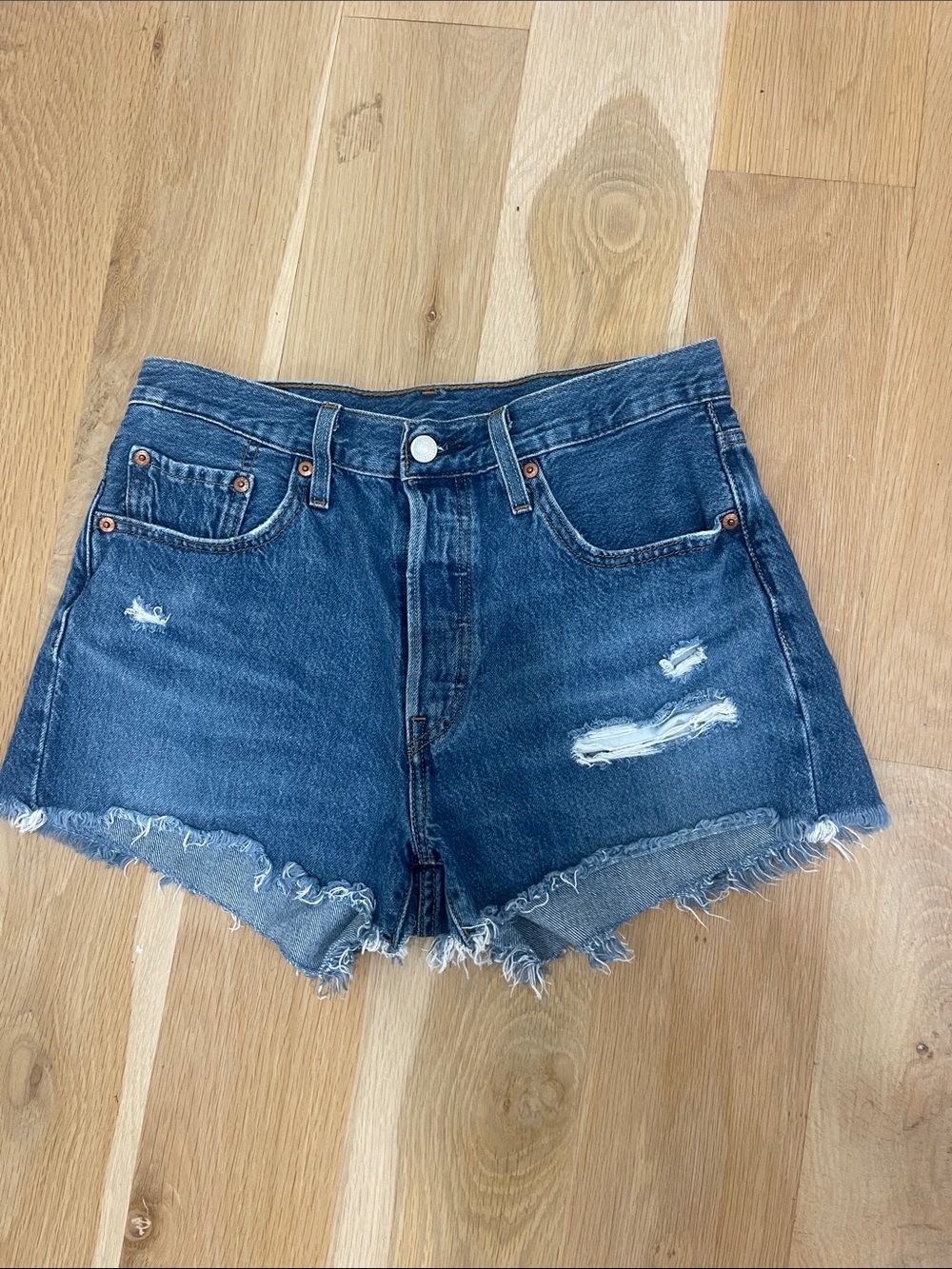Levi's Dark Blue Distressed Frayed Hem Denim Shorts